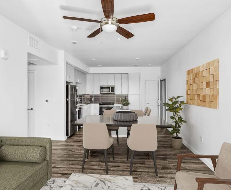 Spacious living room with wood floors 