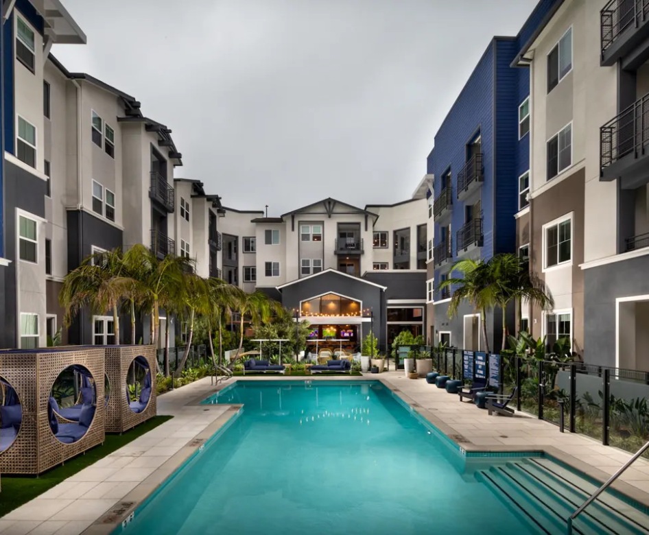 Large sparkling blue swimming pool 